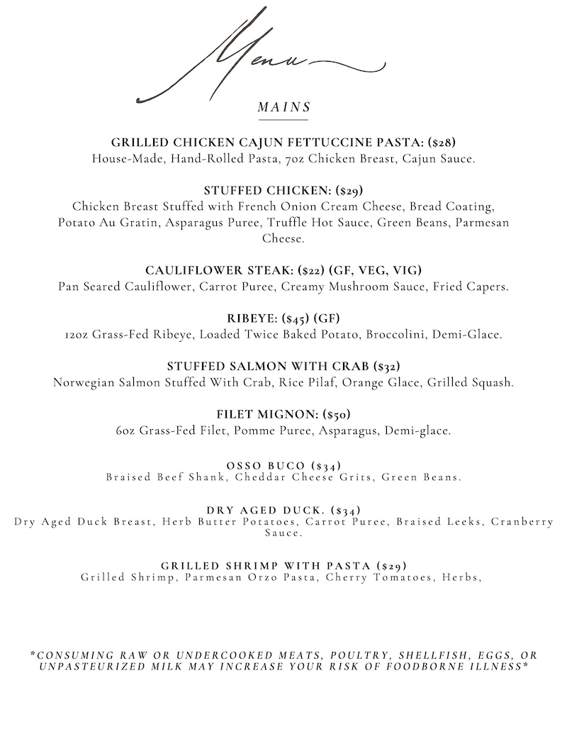 Chateau Morrisette 2025 Dinner Menu Mains