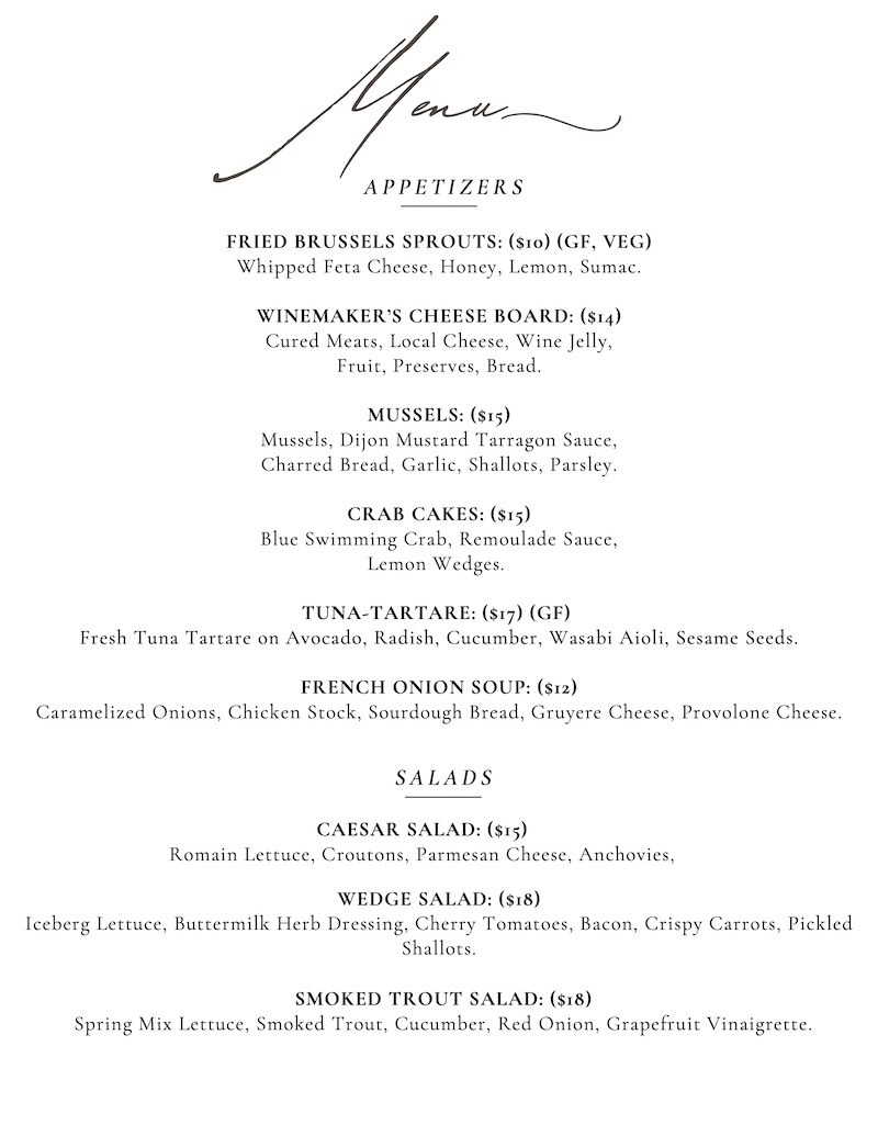 Chateau Morrisette 2025 Lunch Menu Apps and Salads